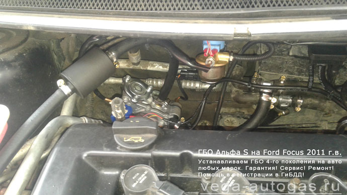 подкапотное пространство установка ГБО Альфа S на Ford Focus 2011 г.в., 1.6 л., 125 л.с., ВЗУ в заднем бампере, а 42-литровый тороидальный баллон в багажнике, в нише для запасного колеса, Нижний Новгород, Дзержинск