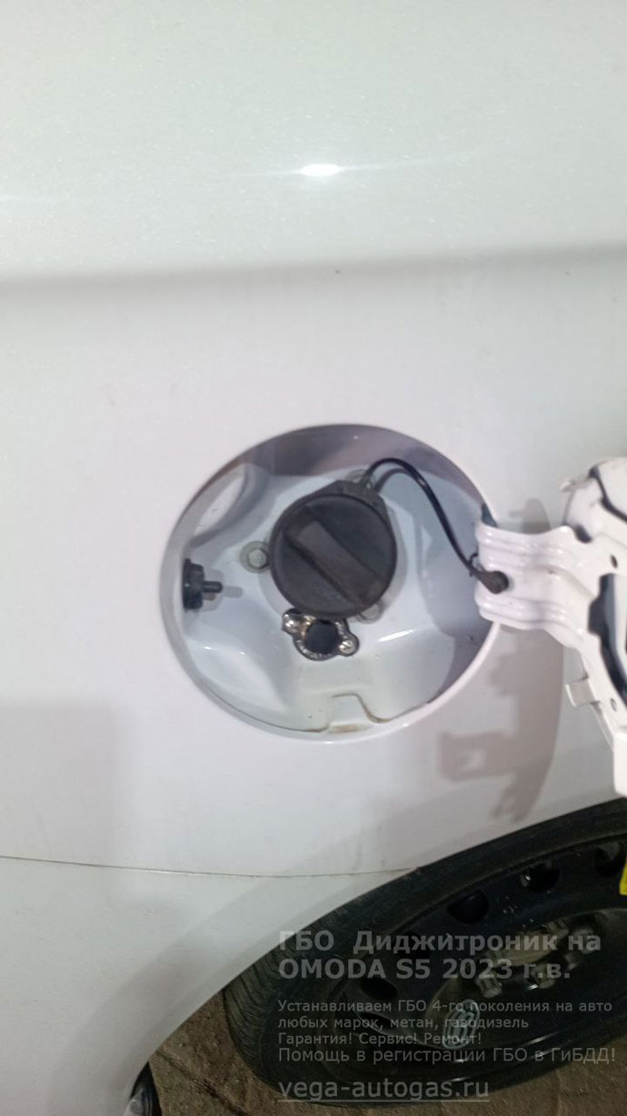 заправочное устройство, установка ГБО Диджитроник на Омода S5 2023 г.в., 1.5 л., 117 л.с., с пробегом 45 311 км., ВЗУ в лючке бензобака, тороидальный баллон 54 литра в багажнике, в нише для запасного колеса, Нижний Новгород, Дзержинск