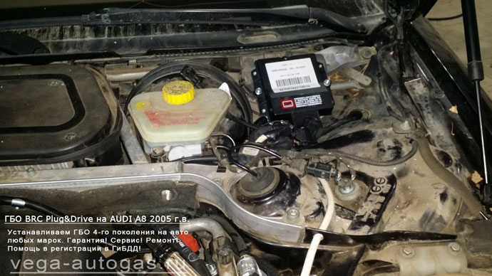 ГБО BRC Sequent Plug&Drive в подкапотном пространстве, установка на AUDI A8 2005 г.в., АКПП., 4,2 л., 335 л.с., ВЗУ в лючке бензобака, цилиндрический баллон 80 литров в багажнике, Нижний Новгород, Дзержинск