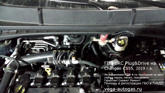 ГБО BRC Sequent Plug&Drive в подкапотном пространстве, установка на Changan CS55 2019 г.в., АКПП., 1.5 л., 143 л.с., пробег: 6 081 км., ВЗУ в лючке бензобака, тороидальный баллон 54 литра в багажнике Нижний Новгород, Дзержинск