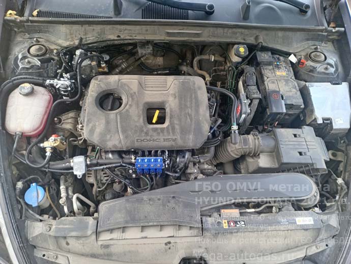 подкапотная компоновка, установка метанового ГБО OMVL на Хендай Соната 2021 г.в., 2.0 л., 150 л.с., с пробегом 40 883 км., цилиндрический баллон 90 литров в багажнике, за задним рядом сидений, Нижний Новгород, Дзержинск
