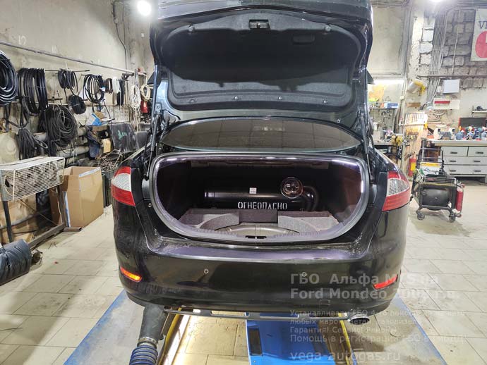 цилиндрический баллон 60 литров, установка ГБО Альфа М/S на Форд Мондео 2008 г.в., 2.3 л., 161 л.с., с пробегом 275 504 км., ВЗУ в зажнем бампере, датчик уровня газа, Нижний Новгород, Дзержинск
