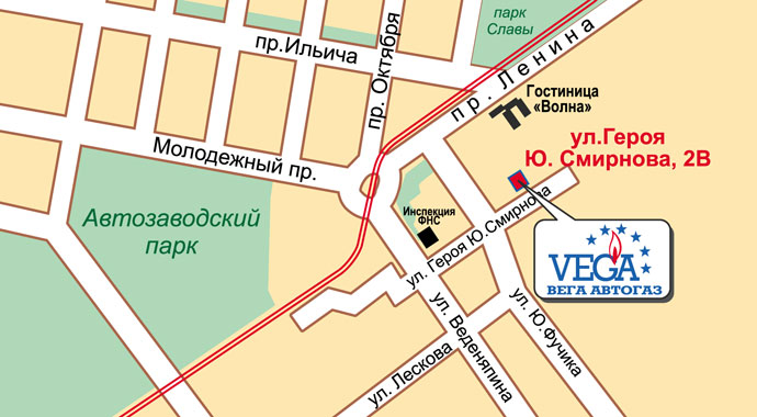 Схема проезда в сервисный центр Вега АвтоГАЗ по установке итальянского Премиум ГБО BRC, в Нижнем Новгороде, на улице Смирнова 2В